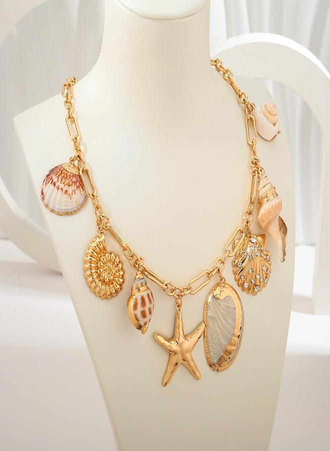 FAUTHENTICUTE Chunky Gold Statement Necklaces For Summer Gold Plated Chain Necklaces With Multi Conch And Shell Charms Beach Jewelry For Women - Image 4